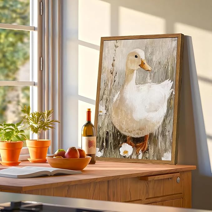 Framed Vintage Duck Canvas Wall Art, Cute Farmhouse Animal Pictures Wall Decor, Rustic Country Nature Paintings Prints Cottagecore Home Decor for Living Room Bedroom Bathroom 16x24 inch