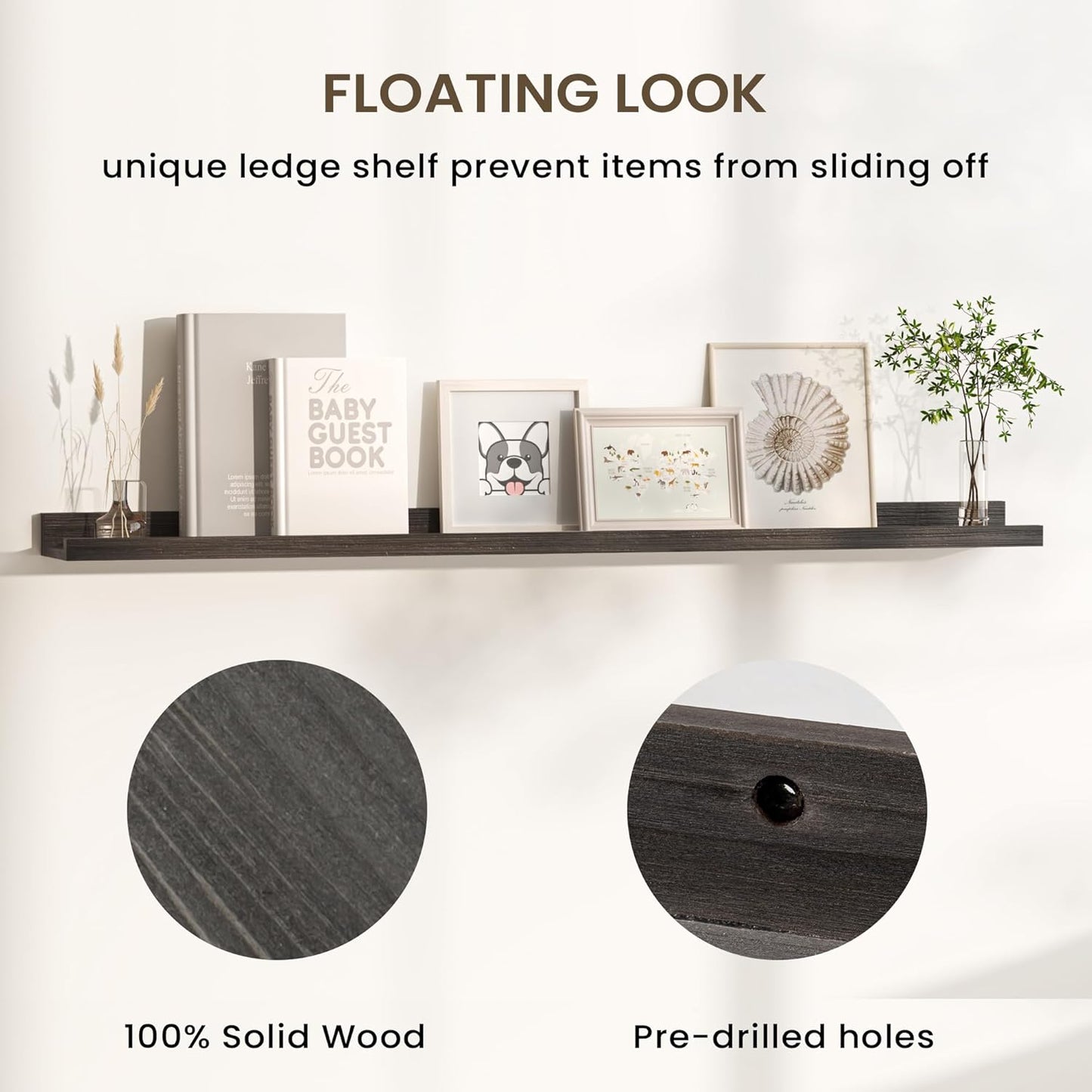 Floating Shelves for Wall, Picture Ledge Shelf 55 Inch Solid Wood Set of 2, Rustic Wall Shelves with Lip, Kids Bookshelf, Photo & Picture Live Edge Floating Shelves for Bedroom, Living Room, Kitchen