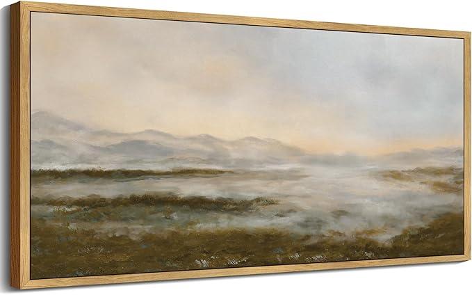 SHENIFY Vintage Framed Wall Art Rustic Dusk in The Forest Landscape Painting Retro Misty Mountains Range Scenery Farmhouse Kitchen Living Room Decor - 8x16in Natural Framed