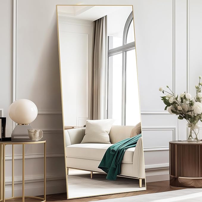 DUMOS Full Length Mirror with Stand 70.4"x25.6" Floor Standing Aluminum Frame for Bedroom Body Hanging Leaning Modern Simple Home Decor Shatter-proorf Nano Glass Wall Living Room Cloakroom Gold