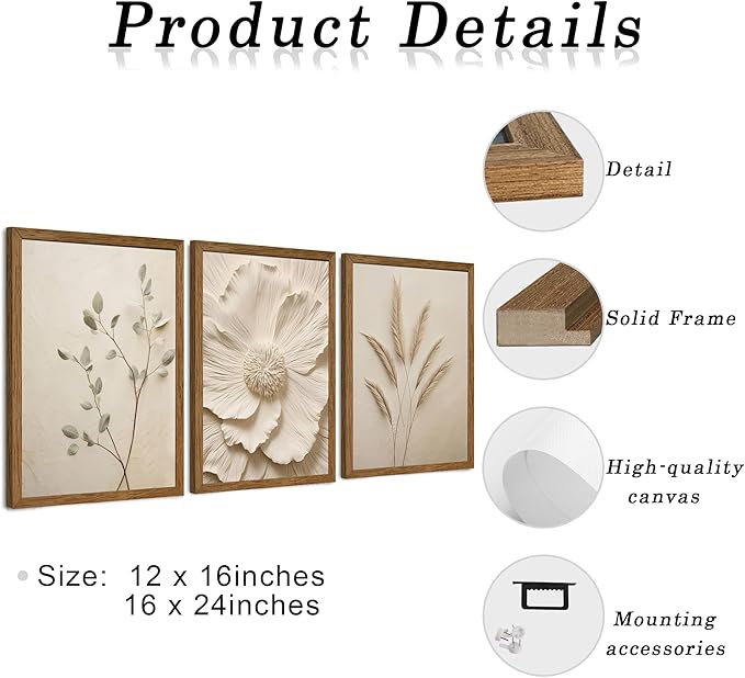 JLTULT 3 Piece Framed Neutral Beige Floral Canvas Wall Art, Modern Simple Texture Blossom Wall Decor, Vintage Botanical Flower Art Prints for Living Room Bedroom Farmhouse 16x24 inch Ready to Hang