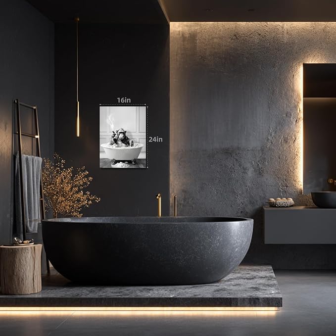 IAFWZX Framed Funny Bathroom Wall Art, Black and White Chimpanzee in Bathtub Wall Decor, Cute Animal Wrapped Canvas Painting, Humor Gorilla Toilet Poster Print for Restroom Guest Bedroom 16"x24"