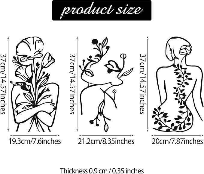 Photect 3 Pcs Metal Wall Art Decor Minimalist Abstract Woman Wall Art Metal Modern Line Drawing Decor Female Single Line Home Hanging for Bedroom Bathroom Living Room Christmas Housewarming(Plant)