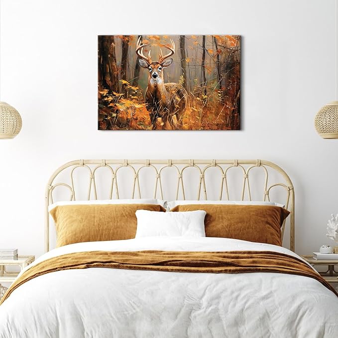 Deer Wall Art Fall Forest Wall Decor Nature Autumn Landscape Picture Rustic Wildlife Animal Canvas Prints Farmhouse Elk Painting Maple Leaves Artwork for Bedroom Living Room Home Decoration 24x36"