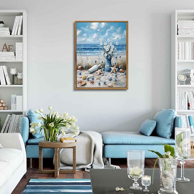 Framed Blue Ocean Beach Canvas Wall Art Coast Seashell Starfish painting Decor Pictures Blue Seaside White Daisy Posters Prints for Modern Coastal Themed Home Decoration Bathroom Room Decoration