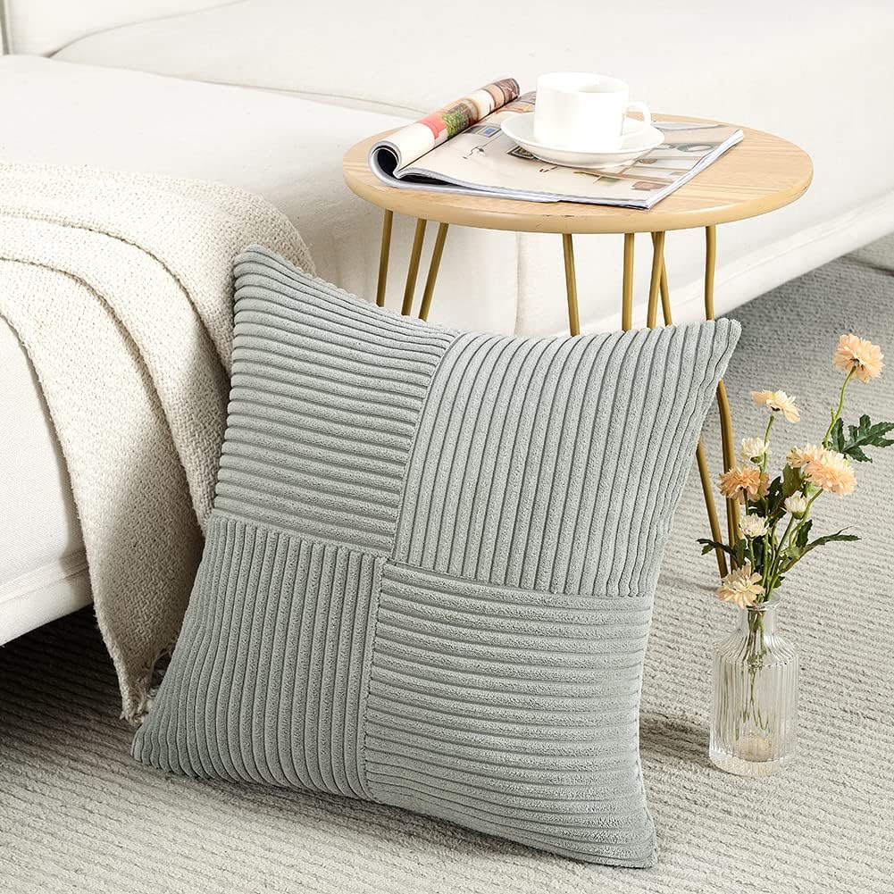 Fancy Homi 2 Packs Grey Decorative Throw Pillow Covers 20x20 Inch for Living Room Couch Bed Sofa, Rustic Farmhouse Boho Home Decor, Soft Corss Corduroy Patchwork Accent Square Cushion Case 50x50 cm