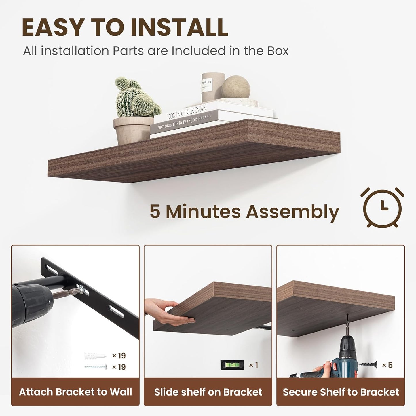 24 Inch Floating Shelves, 11.6 Inch Deep Floating Shelves for Wall, Floating Shelf with Invisible Brackets, Deep Shelves for Bathroom, Bedroom, Living Room, 2 Pack, Walnut