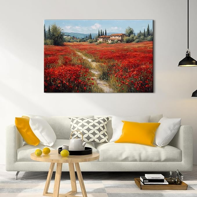 Farmhouse Flower Landscape Wall Art Red Poppy Flower Pictures for Bathroom Decor Vintage Floral Field Paintings Country Scenery Canvas Prints Artwork for Living Room Bedroom Home Decoration 32x48"