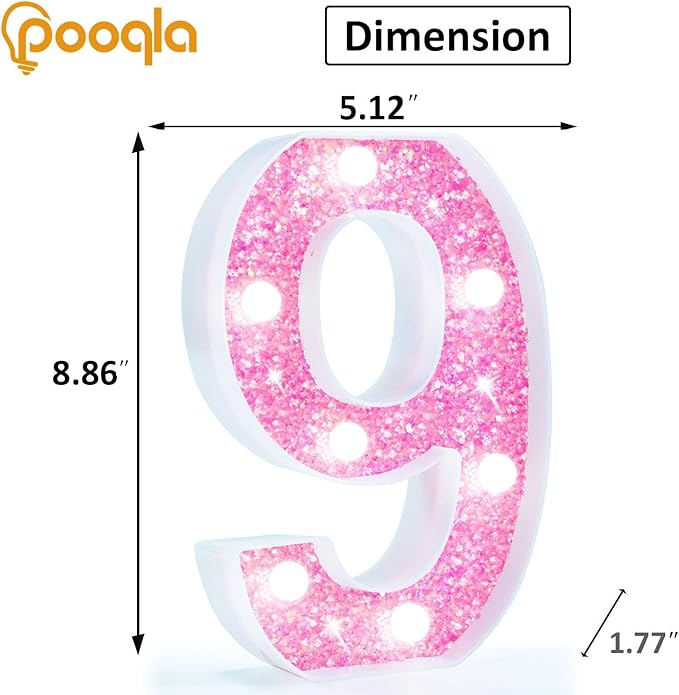 Pooqla Marquee Numbers, Pink Light Up Numbers for Girls 9th Birthday, Battery Powered Glitter Number Night Light Gift for Christmas Bedroom Dorm Room Party Decoration, Cool White Number 9