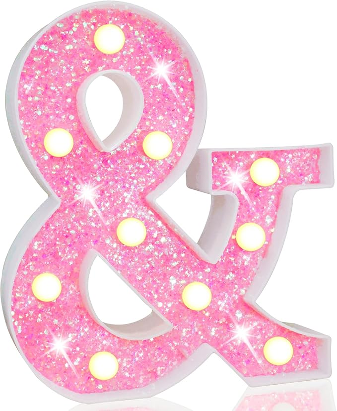 Pooqla LED Marquee Letter Lights, Light Up Pink Letters Glitter Alphabet Letter Sign Battery Powered for Night Light Birthday Party Wedding Girls Gifts Home Bar Christmas Decoration, Pink &