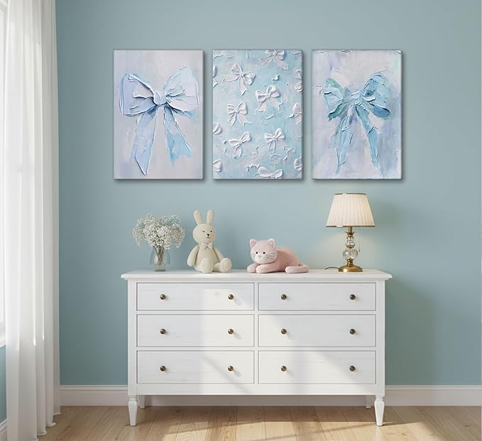 3Pcs Trendy Blue Bow Canvas Wall Art Vintage Cute Preppy Watercolor Bow Painting Pictures Wall Decor Posters Prints Girly Aesthetic for College Apartment Bedroom Decoration