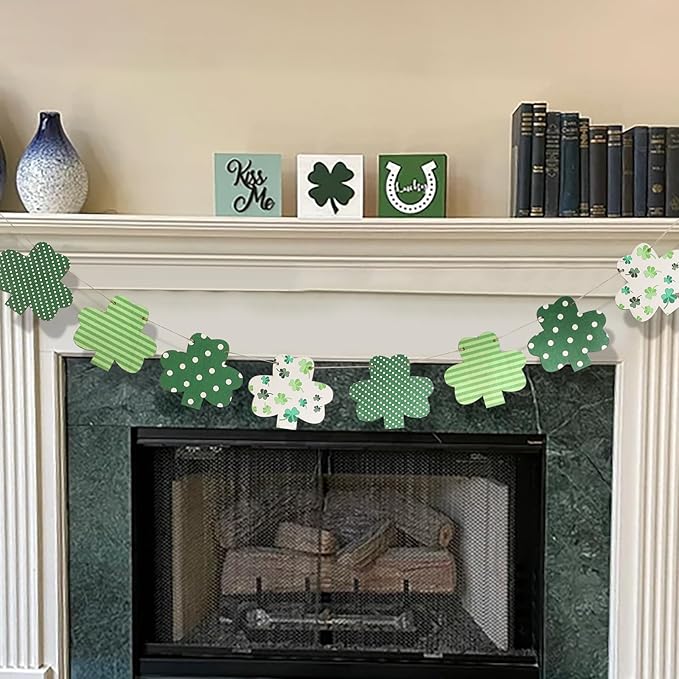 St Patricks Day Decorations-Wooden Shamrock Garland for St. Patrick's Day Decor-Reusable Lucky Green Banner Garland for Fireplace Mantel Walls Decor