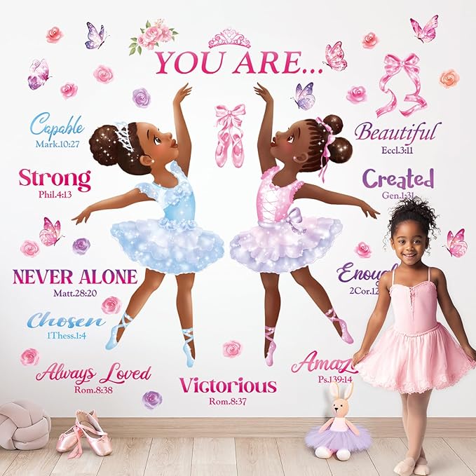 DECOWALL SG2-2319 Black Girl Magic Ballerina Wall Stickers Decals Afro Art Women Inspirational Bedroom Nursery Gift Beautiful playroom Kids décor Baby Butterfly Decoration Motivational Room