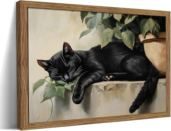 Framed Black Cat Wall Art, Vintage Sleeping Cat Picture Wall Decor, Cute Animal Poster Canvas Prints, Rustic Plant Paintings Artwork for Living room Bedroom Bathroom Decor – 12x16 inch