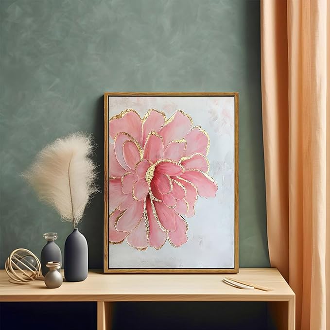 Framed Pink Peony Flower Canvas Wall Art Modern Pink and Gold Floral painting Decor Pictures Abstract flowering Posters Prints for Corridor Living Classroom Bedroom Woman Room Decoration