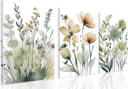 Sage Green Botanical Wall Art Set of 3 Boho Floral Art Wall Decor Minimalist Flower Posters Prints Pictures for Living Room Bedroom Bathroom or Entryway Decoration16x24 Inch Framed