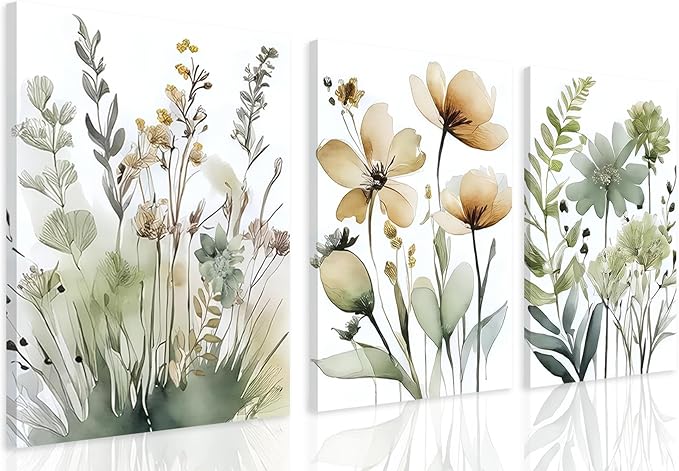 Sage Green Botanical Wall Art Set of 3 Boho Floral Art Wall Decor Minimalist Flower Posters Prints Pictures for Living Room Bedroom Bathroom or Entryway Decoration12x16 Inch Framed