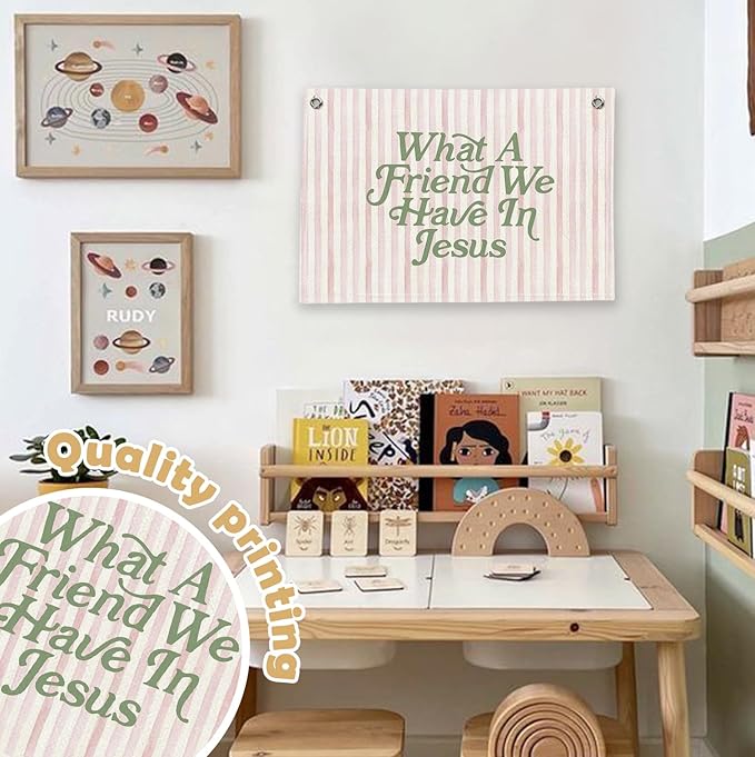 RTXLEZM Kids Room Decor-What a Friend We Have in Jesus Christian Canvas Banner Wall Hanging,Pink Stripes Minimalist Bible Verse Wall Art Prints for Classroom, Nursery, Kids Room