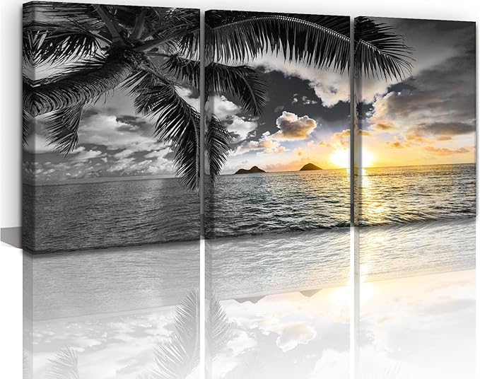 Yxbhhym Black and White Sunset Beach Canvas Wall Art Bathroom Coastal Wall Decor Ocean Prints Art Seascape Pictures Palm Painting Artwork for Living Room Bedroom Decor Office Home Decoration