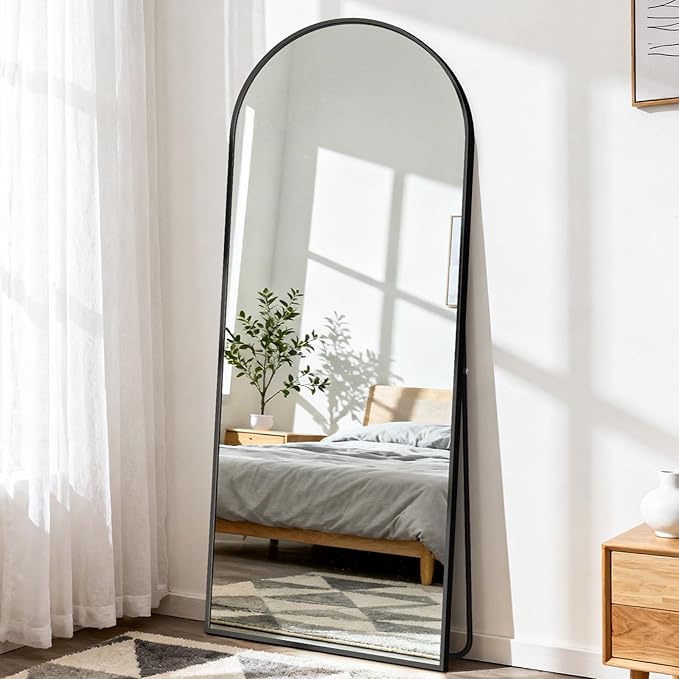 DUMOS Arched Full Length Mirror with Stand Floor Standing Aluminum Frame for Bedroom Body Hanging Leaning Modern Simple Home Decor Shatter-Proorf Nano Glass Wall Living Room Cloakroom Black 65"x24"