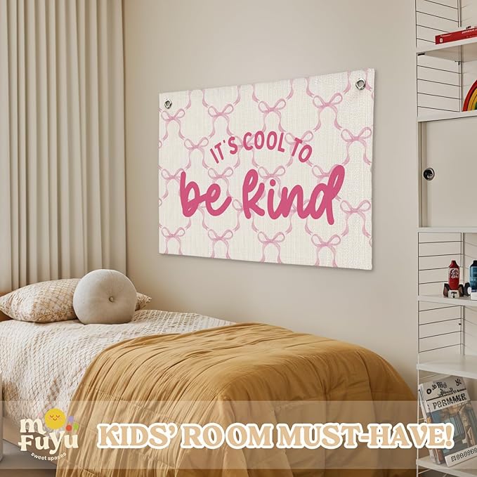 Kids Room Decor,Coquette Pink Bow Canvas Wall Hanging,Modern Toddler Kids Room Decor,Pennant Wall Flag for Girls Bedroom,Playroom Nursery 30x20 Inch