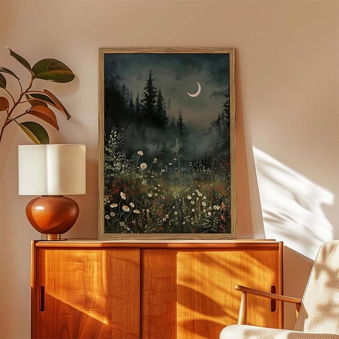 Vintage Moonlit Forest Wall Art Crescent Moon Forest Wildflower Gothic Canvas Prints Landscape Aesthetic Pictures Wall Decor for Living Room Bedroom Offices 12x16 inch Framed