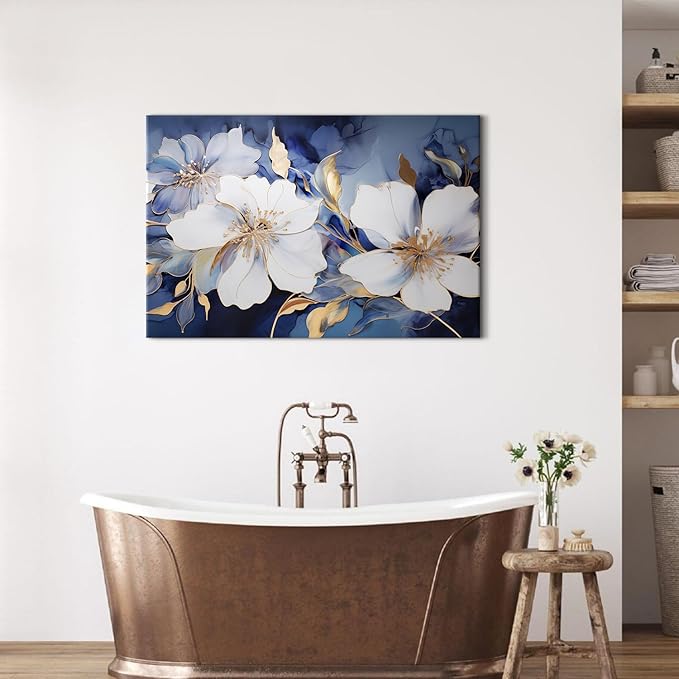 Blue and Gold Wall Art Abstract Flowers Picture Wall Decor Marble Ink Painting Still Life Floral Canvas Prints Poster Watercolor White Floral Artwork for Living Room Modern Home Decorations 24x36"