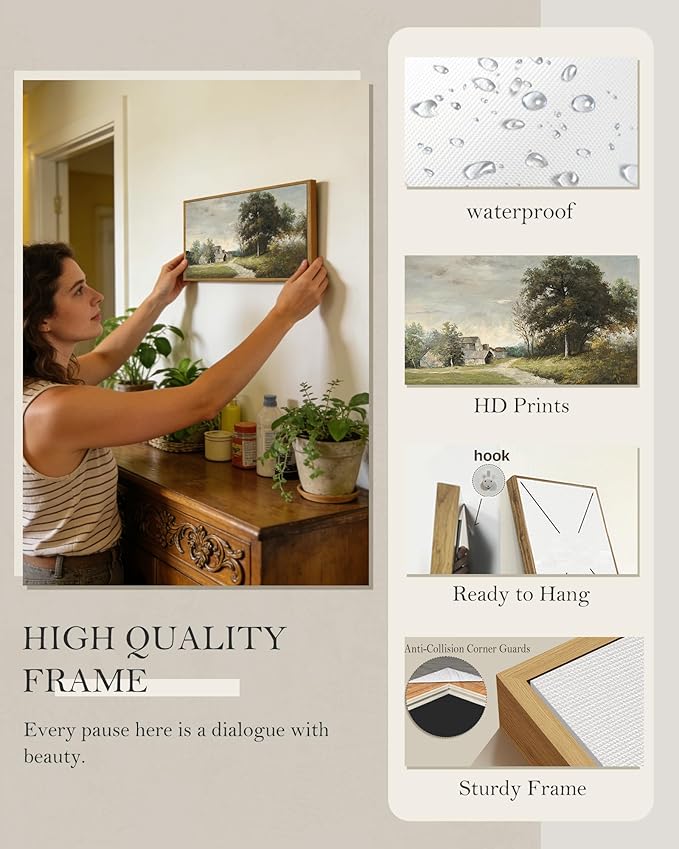 SHENIFY Vintage Landscape Framed Wall Art Rustic Cottage Countryside Farmhouse Decor Retro Painting for Kitchen Bedroom Living Room Bathroom - 8x16in Natural Framed