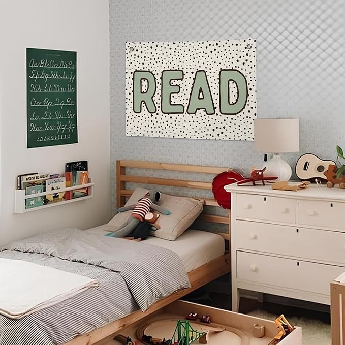 Classroom Decor, Sage Green Read Sign Banner, Dots Linen Canvas Wall Hanging Banner Flag Decor for Reading Corner Nook
