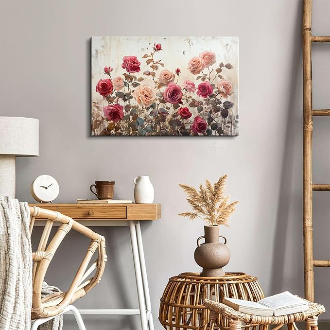Rustic Floral Wall Art Pink Rose Wall Decor for Girls Bedroom Red Pink Roses Canvas Prints Pictures Retro Flower Painting Poster Farmhouse Artwork for Living Room Dining Room Home Decoration 16x24"