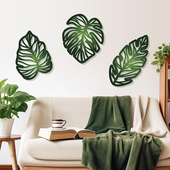 Zzbakress 3 Pcs Wooden Palm Leaves Wall Art Tropical Leaf Wall Art Natural Plant Wall Decor Vintage Wood Hollow Wall Decoration for Living Room Kitchen Bedroom Garden Office (Farmhouse, Leaves-A)