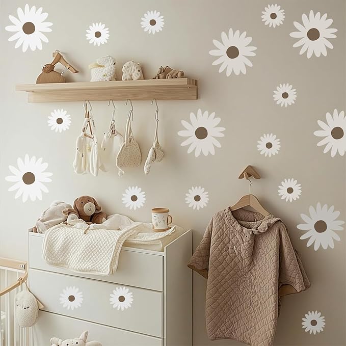 30 PCS Flower Wall Decals Peel and Stick, Daisy Wall Decor for Girls Bedroom, Boho White Daisy