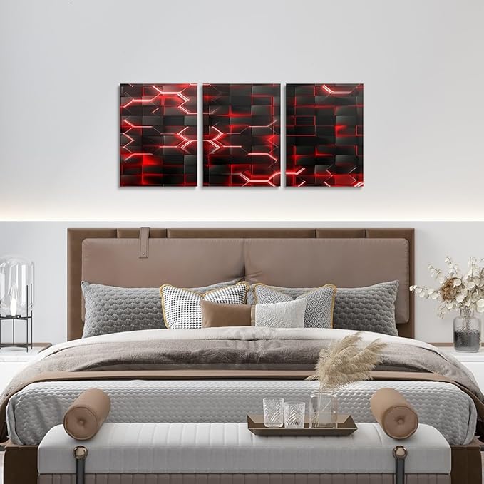 Feelyou Red and Black Picture Wall Decor 12"x16" 3 Piece Honeycomb Canvas Wall Art Decor Hexagon Theme Office Decorations Artwork Posters Geometrical Beehive Painting