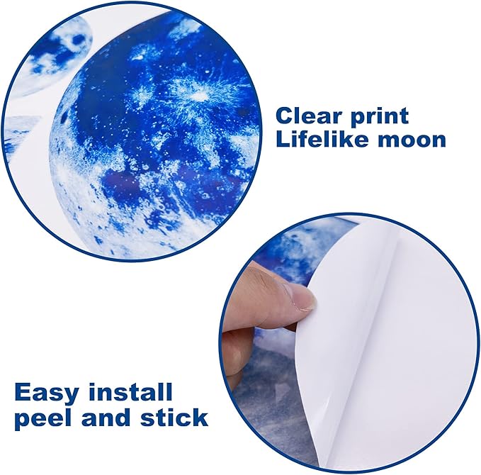 10Pcs Glow in The Dark Moon Wall Decals Large Luminous Space Planet Moon Phases Wall Sticker Glow in The Dark Stickers for Ceiling Removable Vinyl Boho Wall Decor for Kids Boys Girls Bedroom Nursery