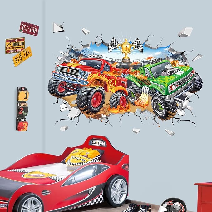 wondever Large 3D Racing Car Wall Stickers Vehicles Truck Break Through Peel and Stick Wall Art Decals for Boys Room Kids Bedroom Playroom