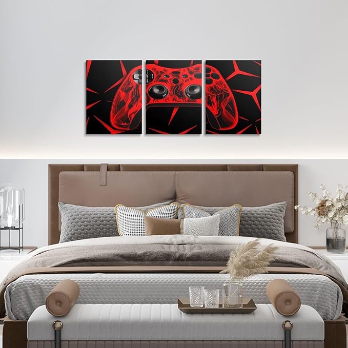 Feelyou Gamer Bathroom Wall Art for Home Decor Gamepad Canvas Wall Art for Bedroom Girls TeensGaming Gifts Office Wall Artwork Posters 12" x 16" 3 Piece Game Controller Red Wall Painting