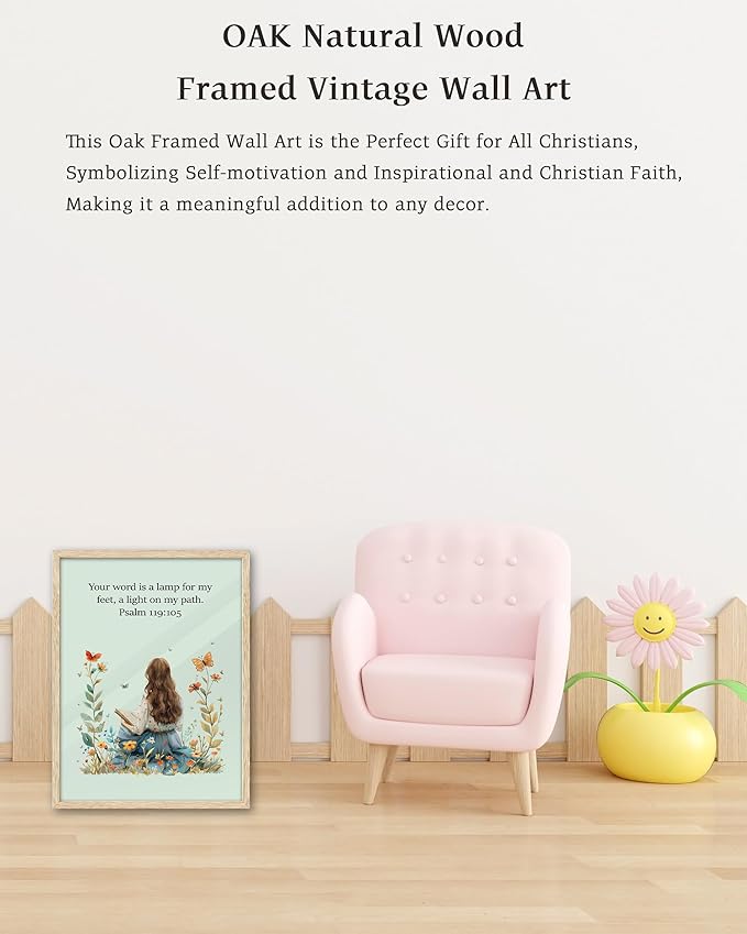 KensTro Natural OAK Wood Nursery Decor Framed Wall Art, 12x16 in Inspirational Christian Bible Verse Wall Art,Word of God Young Girl Reading Scripture Art Print for Boys Girls Bedroom Decor Set of 1