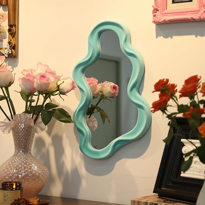 Wall Mirror Home Office Decor, Irregular Wall-Mounted Decorative Mirrors for Modern Apartment Bedroom Laundry Room Decoration, Hanging Wall Art Above TV Desk Table Decor (Turquoise Blue)
