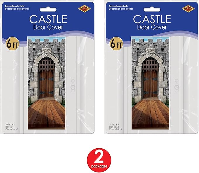 Beistle 2-Pack Castle Door Covers, Enchanted Entrance Castle Decorations for Fantasy Themed Parties, Thin Plastic Royal Medieval Wall Decor, 6' x 30"