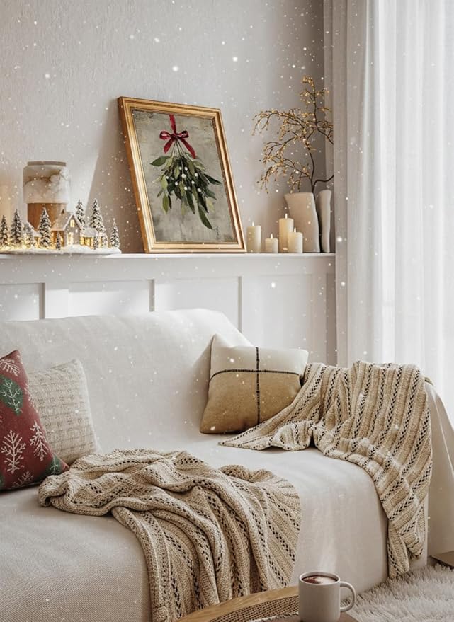 InSimSea Gold Framed Christmas Wall Art, Vintage Canvas Prints Decor, Mistletoe Paintings Wall Shelf Decor, Farmhouse Pictures for Winter Bedroom Holiday Decoration Gifts, 12x16inch