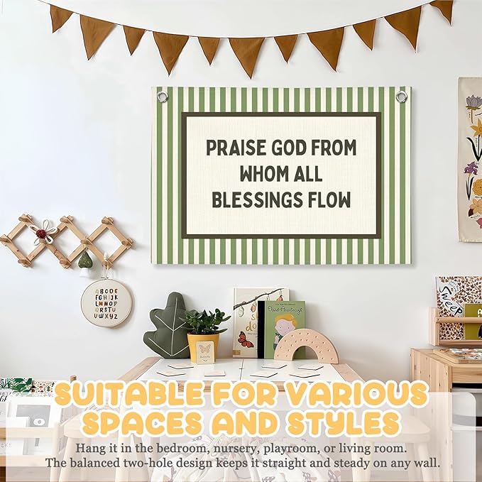 Christian Nursery Decor, Kids Room Decor Linen Canvas Banner,Green Bedroom Wall Hanging Decor for Kids Room Playroom Classroom Homeschool Art, 30x20 Inch
