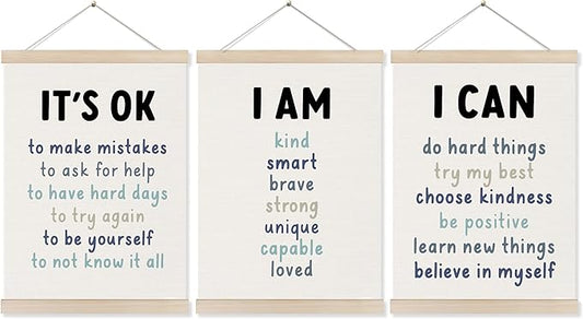 Koesus Inspirational Classroom Blue Wall Art Poster Hanger Frame 12x16 Inch Set of 3, Positive Affirmations for Kids, Motivational Canvas Pictures Prints Framed Wall Decor for Classroom Kids Room