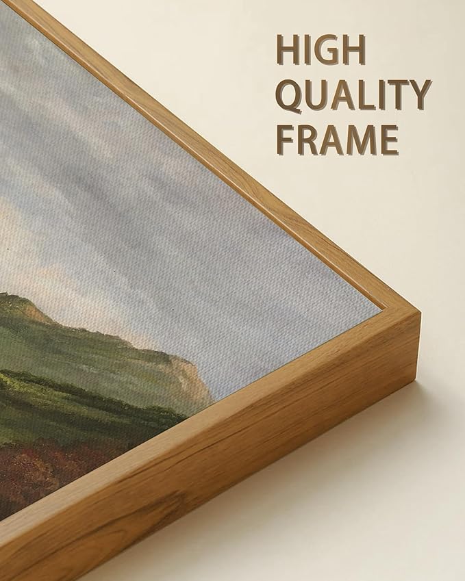 SHENIFY Vintage Framed Wall Art Mountain Range Valley River Landscape Painting Retro Meadow Scenery Farmhouse Kitchen Living Room Decor - 8x16in Natural Framed