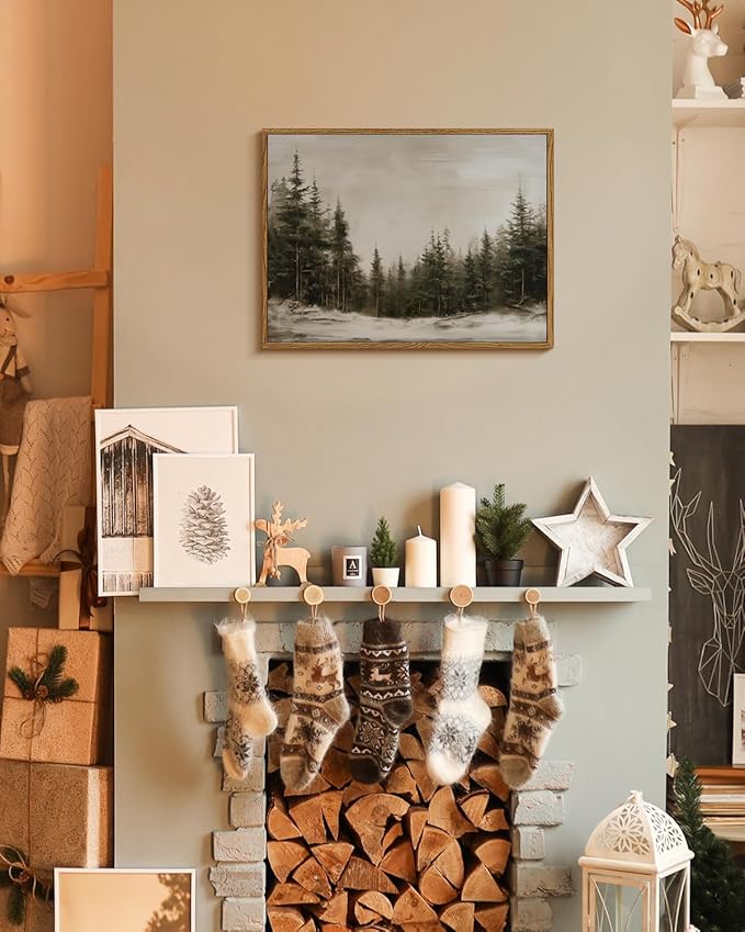Winter Forest Wall Art 12x16 Framed Canvas Print, Neutral Nature Snow Pine Tree Landscape Painting, Rustic Woodland Artwork Living Room Bedroom Entryway Farmhouse Christmas Holiday Home Decor