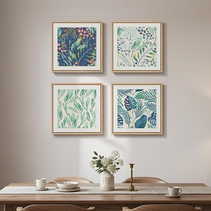 Framed Green Botanical Wall Art Set of 4, Pastel Green Leaf Canvas Wall Art Prints, Square Modern Plant Illustration Wall Decor for Dining Room Bedroom Bathroom, 12x12 Inches