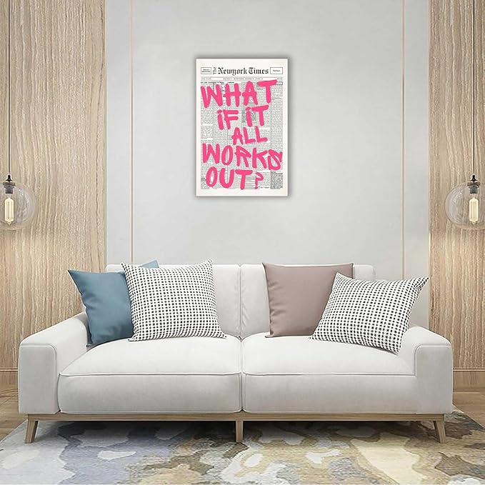 Drimiler Retro Newspaper Pink Font Poster What If It All Works Out Canvas Wall Art Positive Affirming Quote Minimalist Prints Painting For Home Bedroom Dorm Wall Decor 8x12in Wframed