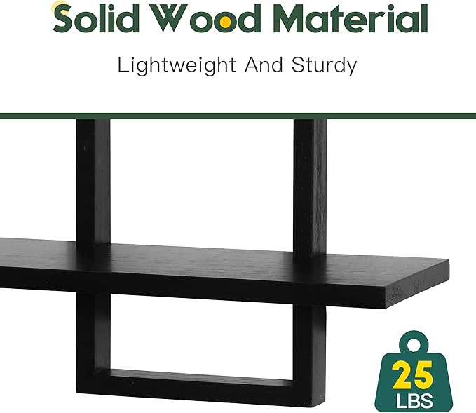 PHOENANCEE Floating Shelves for Wall,Display Hanging Shelf Set of 2,Modern Decorative Plants Shelves,Wood Home Decor Storage Chic for Living Room Bedroom Bathroom Office,Oak Frame,2-Tier Black