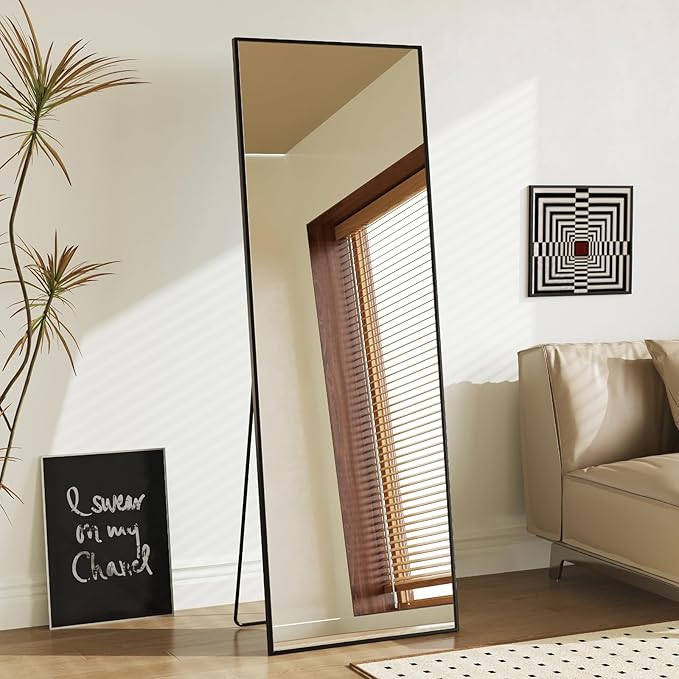 DUMOS Full Length Mirror with Stand 58"x19" Floor Standing Aluminum Frame for Bedroom Body Hanging Leaning Modern Simple Home Decor Shatter-proorf Nano Glass Wall Living Room Cloakroom, Black
