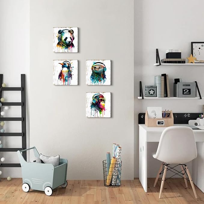 Colorful Animal Wall Art Funny Cute Bear Monkey with Headphone Canvas Prints Pictures Nursery Room Decor Cartoon Penguin Panda Paintings Artwork for Kids Bedroom Bathrooom Home Decoration 12x12” 4 Pcs
