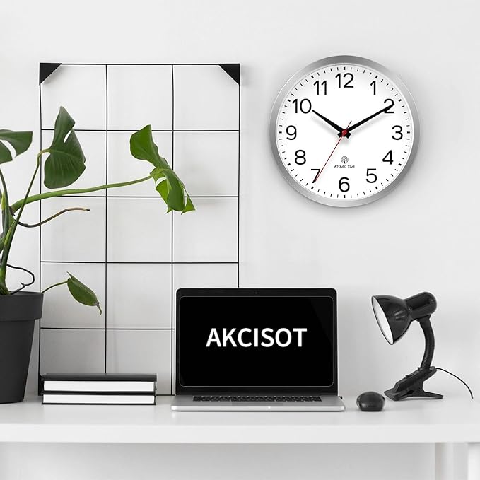 AKCISOT Atomic Silver Wall Clock Analog Clocks Battery Operated Clock for Bedroom Office Classroom Living Room(10 Inch)